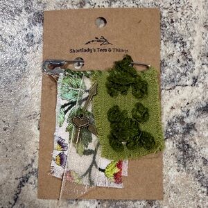 Green Chenille and Silver Brooch with Clock hands and key charms